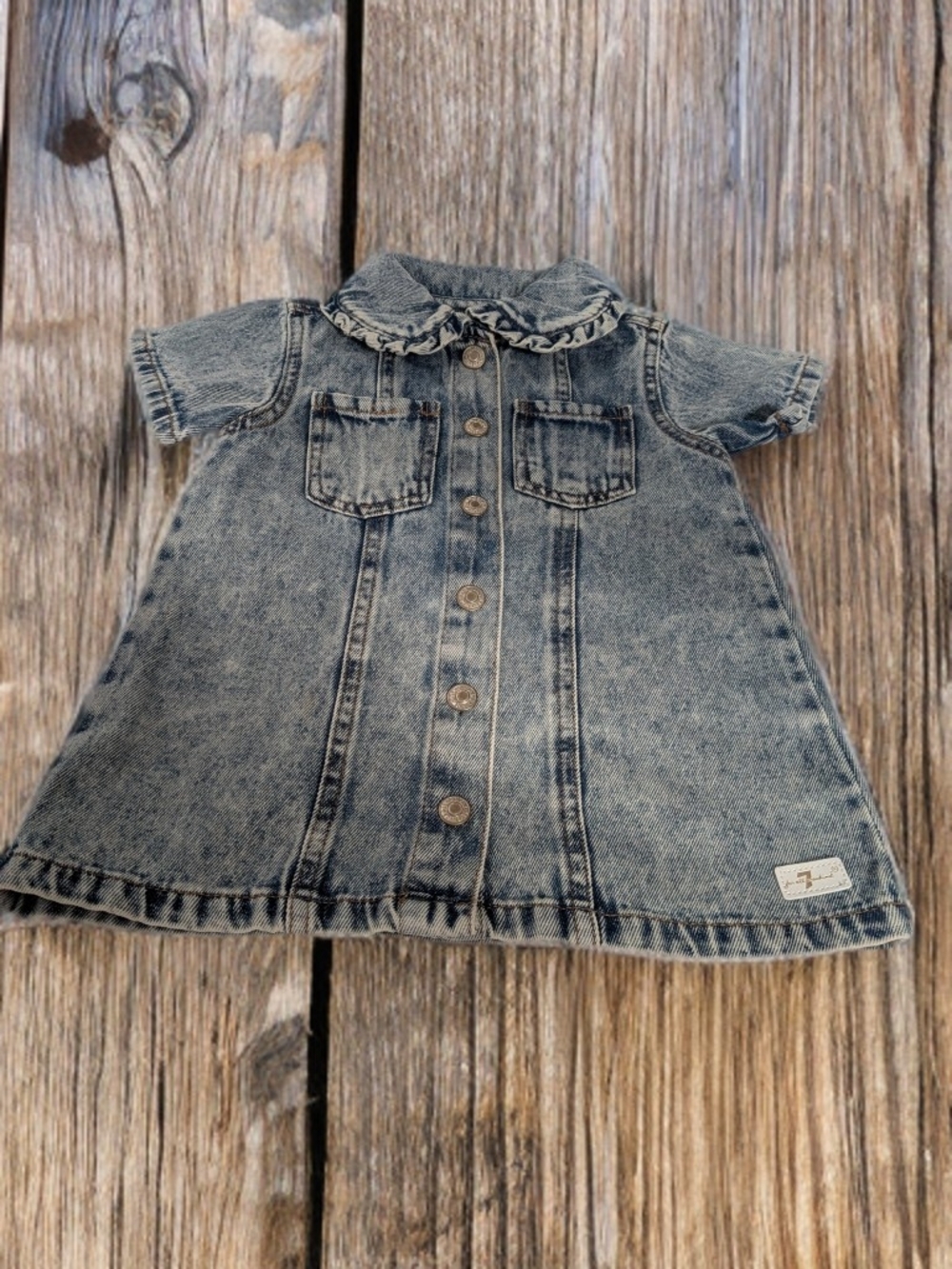 For All 7 Kind Faded Blue Denim Button Front Ruffle Collar Dress Size 12 Months
